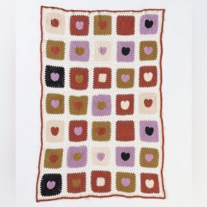 Anthropologie HAND-KNIT CROCHET HEART COTTON THROW BLANKET NWT